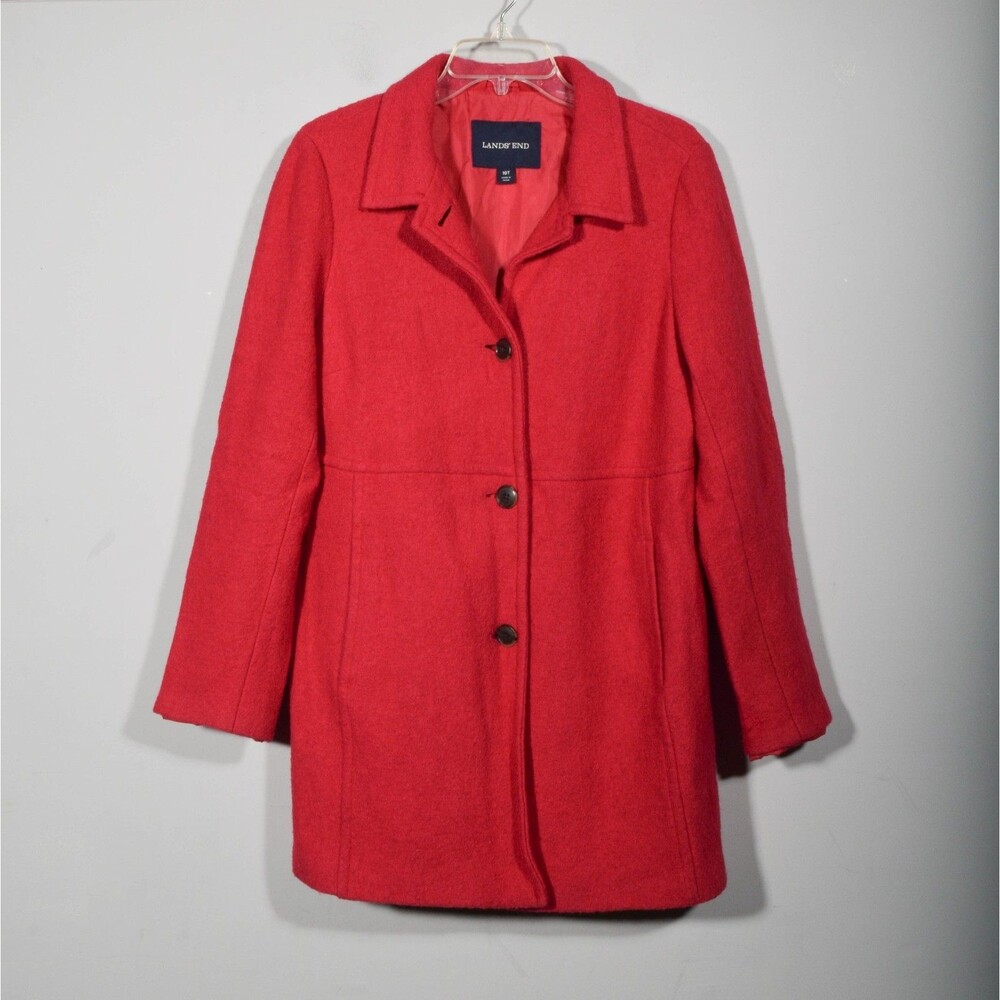 Lands' End Wool Blend Raspberry Red Button Up Long Winter Jacket Sz 10T